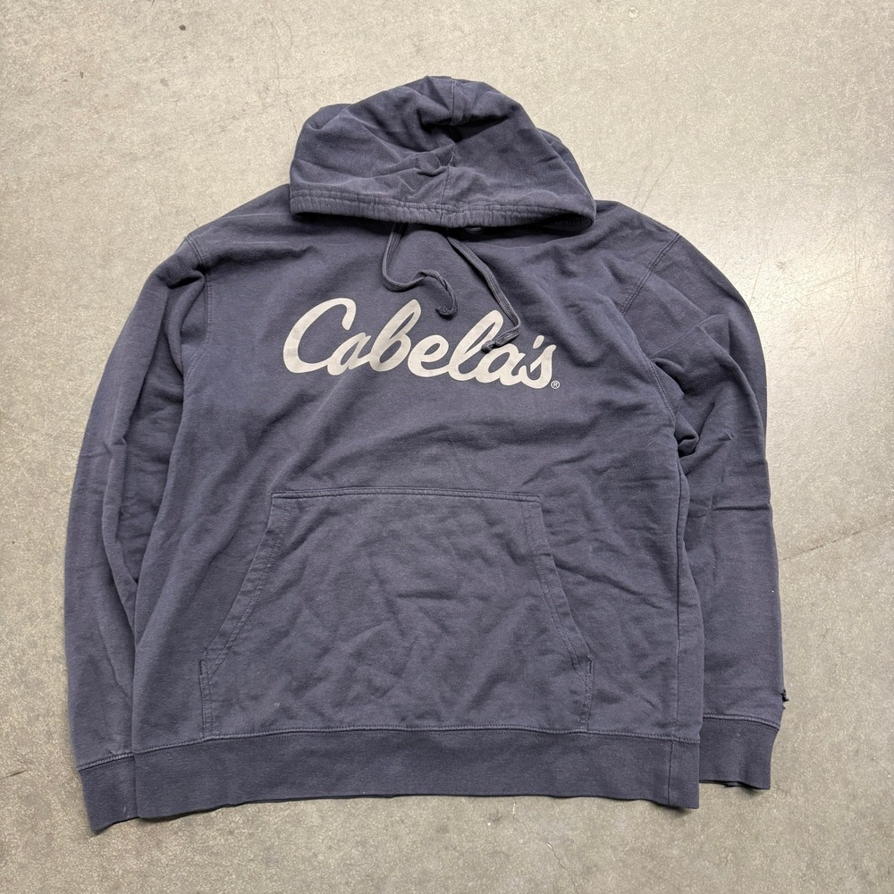 Cabelas Mens Script Logo Hoodie Navy Blue Pullover Sweatshirt Size Medium